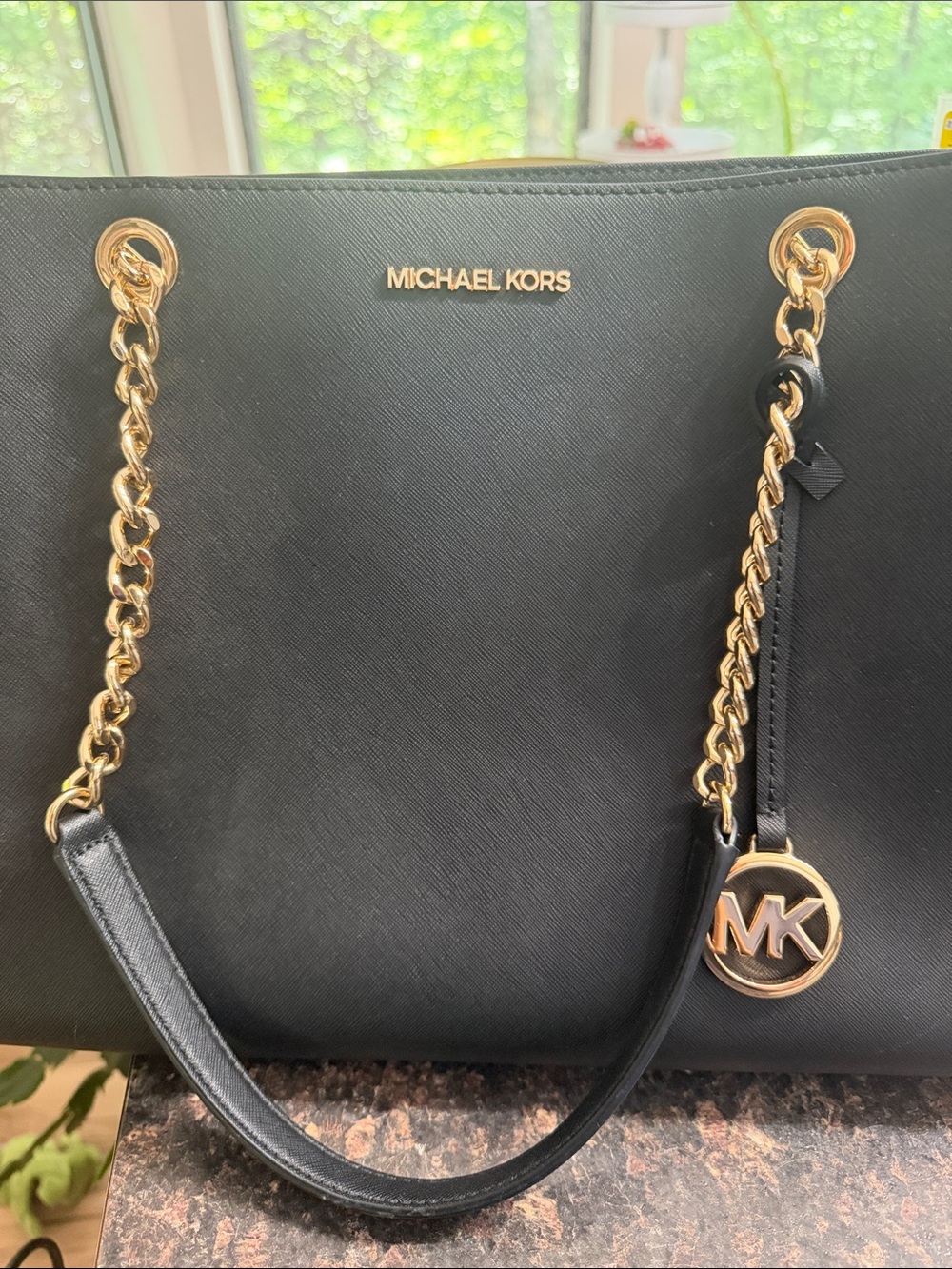 Michael Kors Black Leather Tote with Gold Chain Straps - Picture 10 of 11